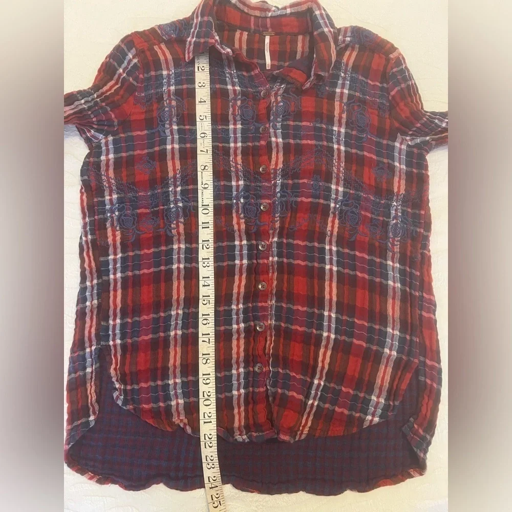 Free People XS Plaid Embroidered Button-Up Shirt Red/Blue Long Sleeve Cotton
